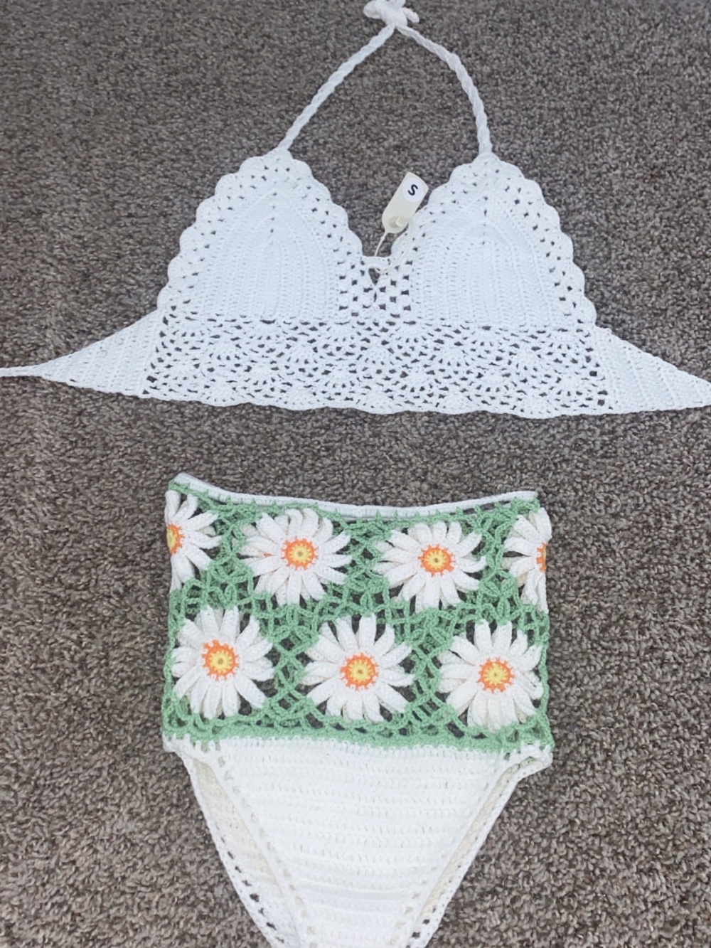 White Crochet Daisy High-Waist Bikini Set